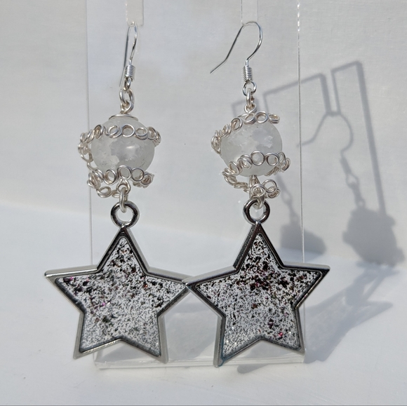 Quartz Crystal Silver Star Earrings Long Resin Handmade - Picture 6 of 8